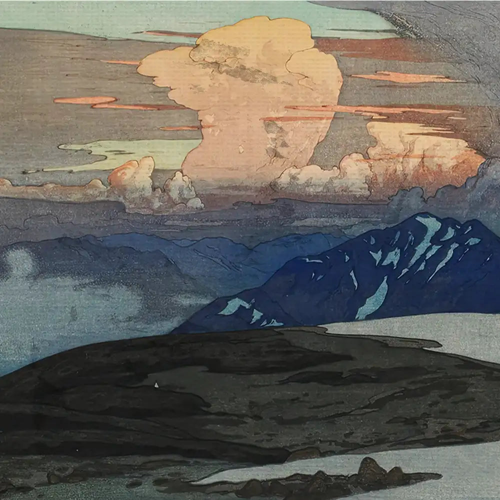 A serene landscape painting featuring mountains, clouds, and a sunset with soft hues of blue, orange, and gray.