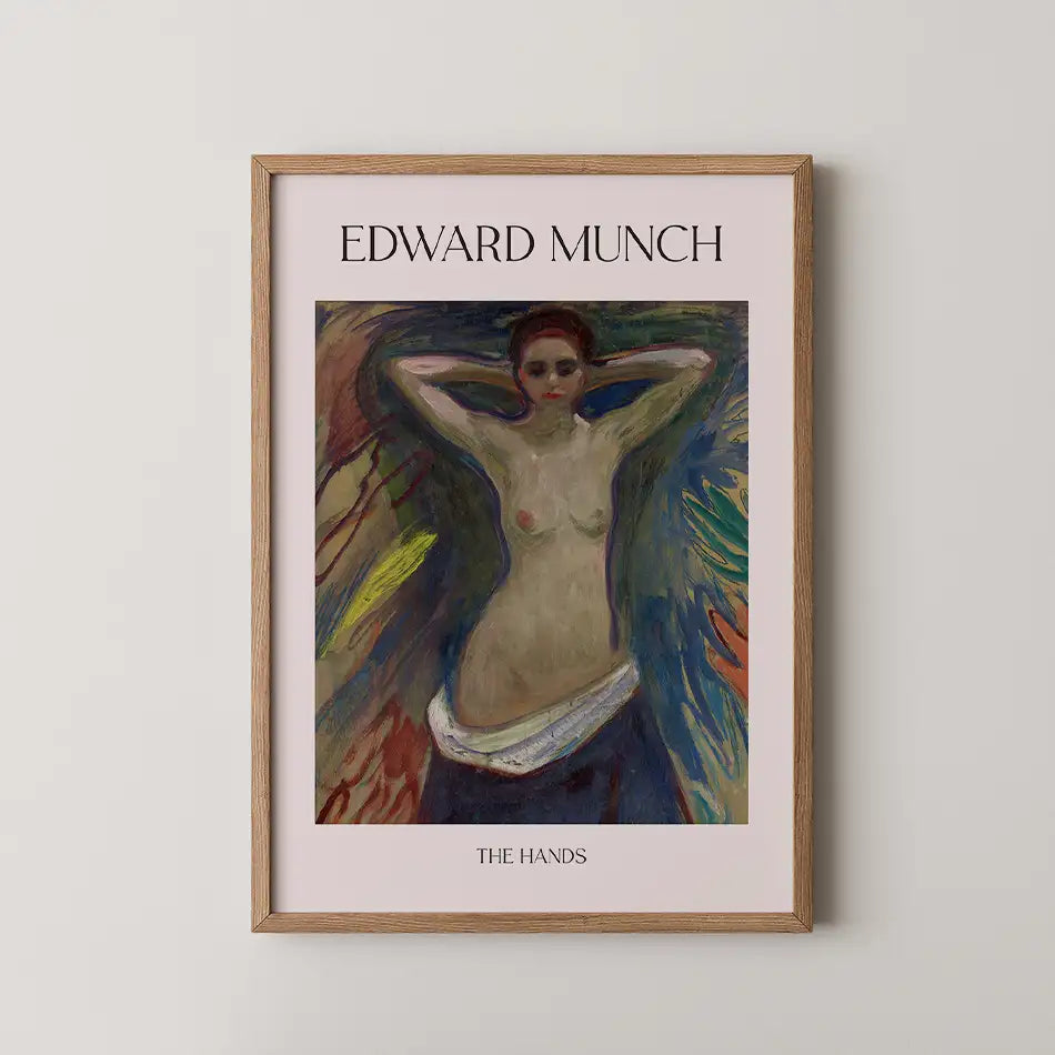 Framed poster of "The Hands" by Edward Munch featuring a woman with arms raised against a colorful abstract background.