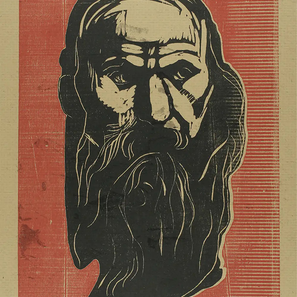 Black and white illustration of a bearded man on a textured background with red accents