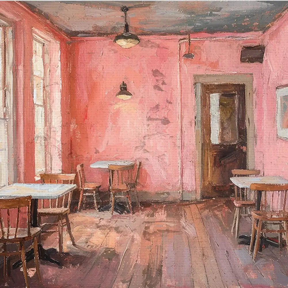 Modern reprint of a famous painting depicting a cozy café interior with pink walls, wooden tables, and chairs, showcasing a warm and inviting atmosphere.