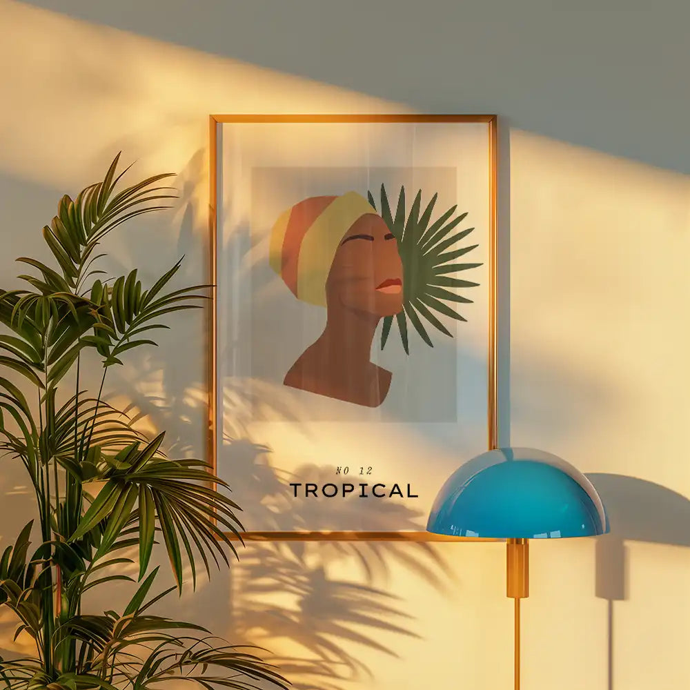 Modern tropical art print featuring a woman with a colorful headwrap and palm leaves, elegantly framed with a golden border, ideal for contemporary home decor.