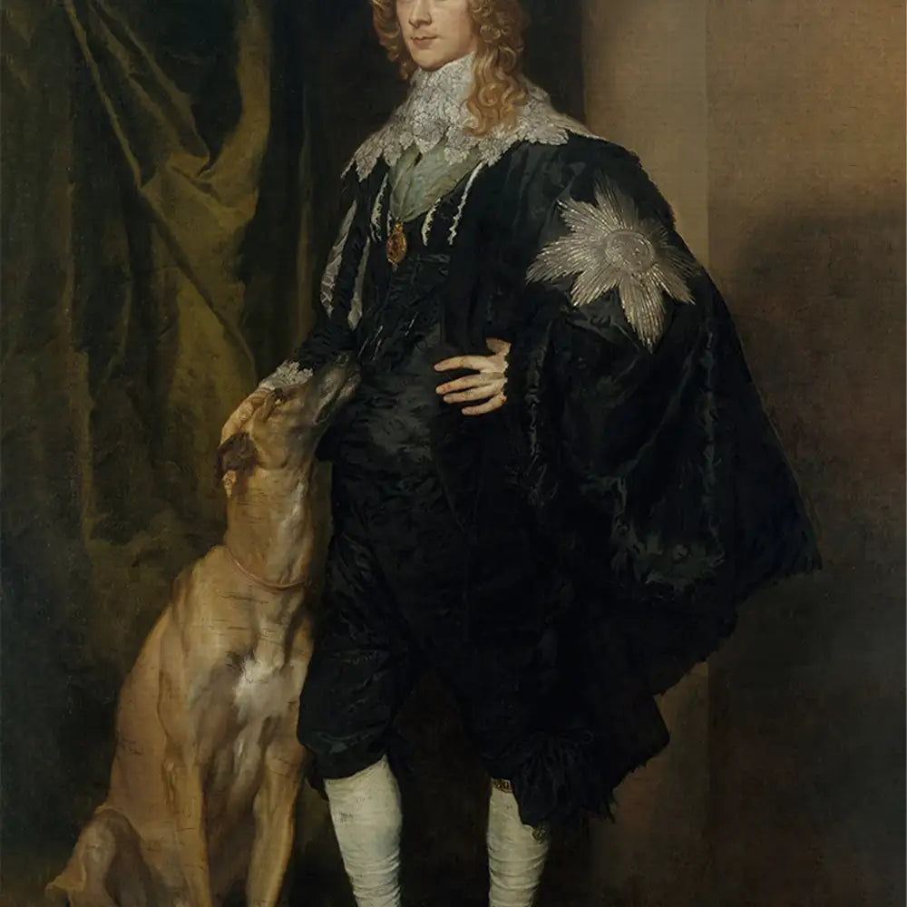 Portrait of a man in 17th-century clothing, standing with a dog, featuring rich fabrics and intricate details.