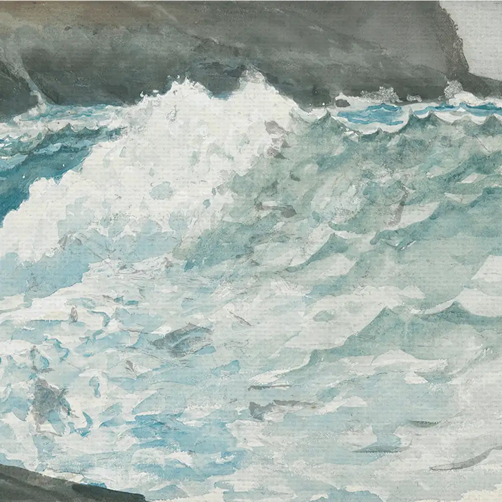 Watercolor painting of crashing ocean waves in shades of blue and white with a dark, moody background.