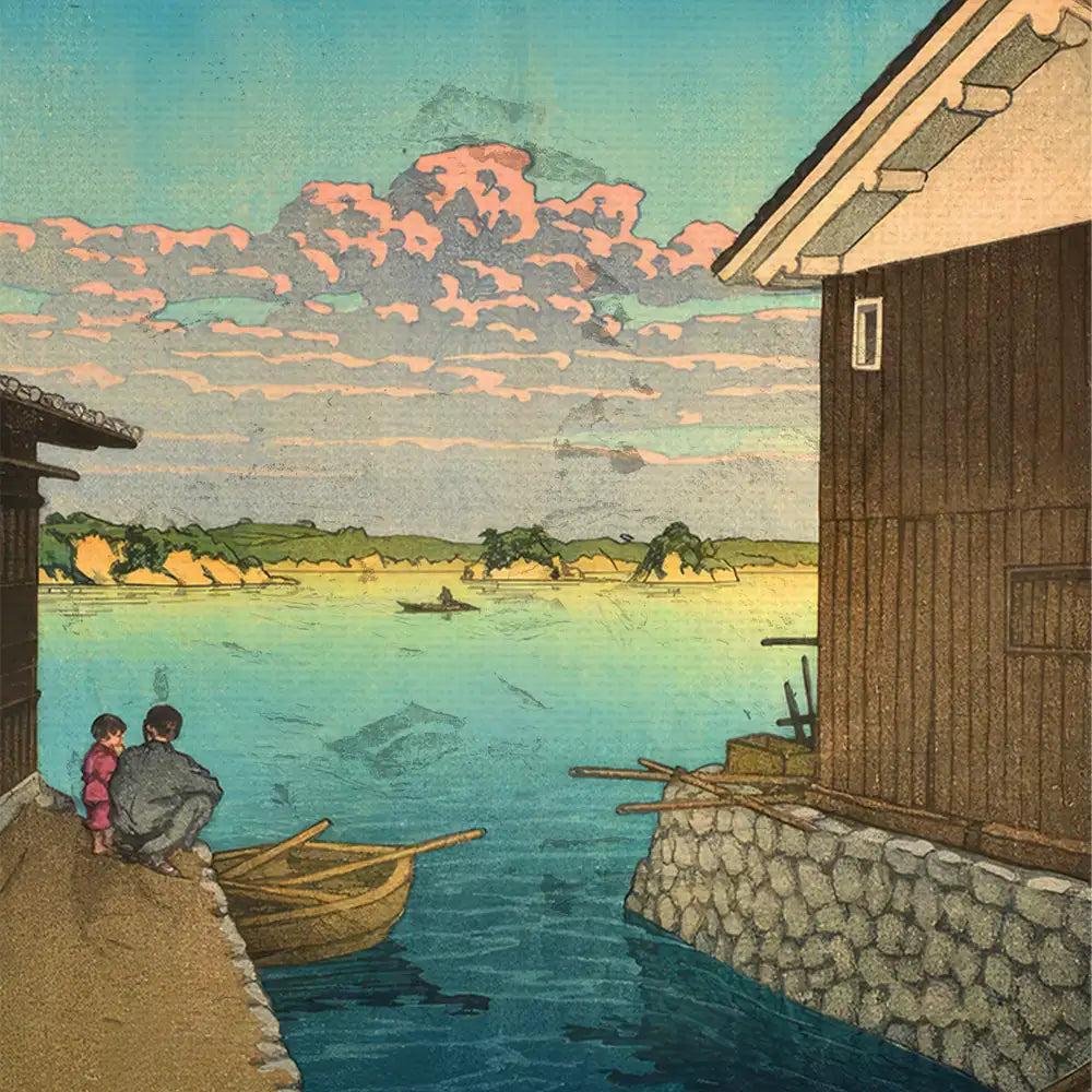 Painting of two children by a riverbank with boats, surrounded by lush greenery and colorful clouds in the sky.