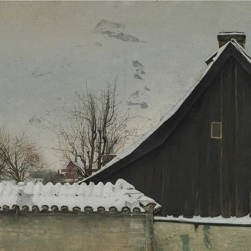 Snow-covered roof and dark wooden house against a winter sky with bare trees and distant mountains in a painting.