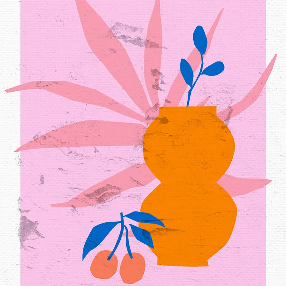 Modern abstract poster featuring a geometric orange vase with blue leaves and a branch of cherries against a pink background, perfect for contemporary home decor.