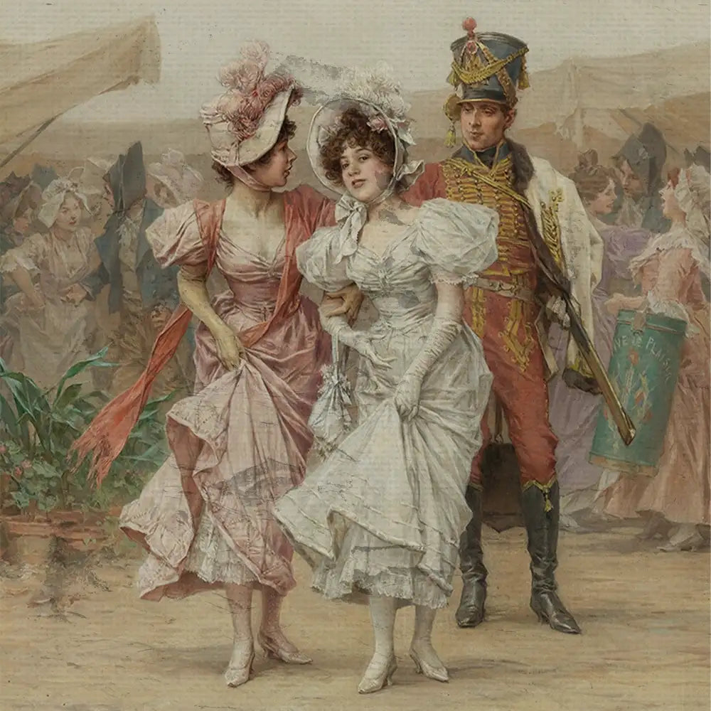 Victorian-era painting of two elegantly dressed women in light-colored dresses and a uniformed man, set in a festive outdoor environment.