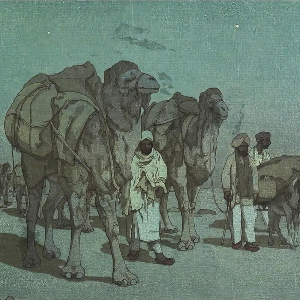 Painting depicting camels and figures in traditional attire against a muted teal background.