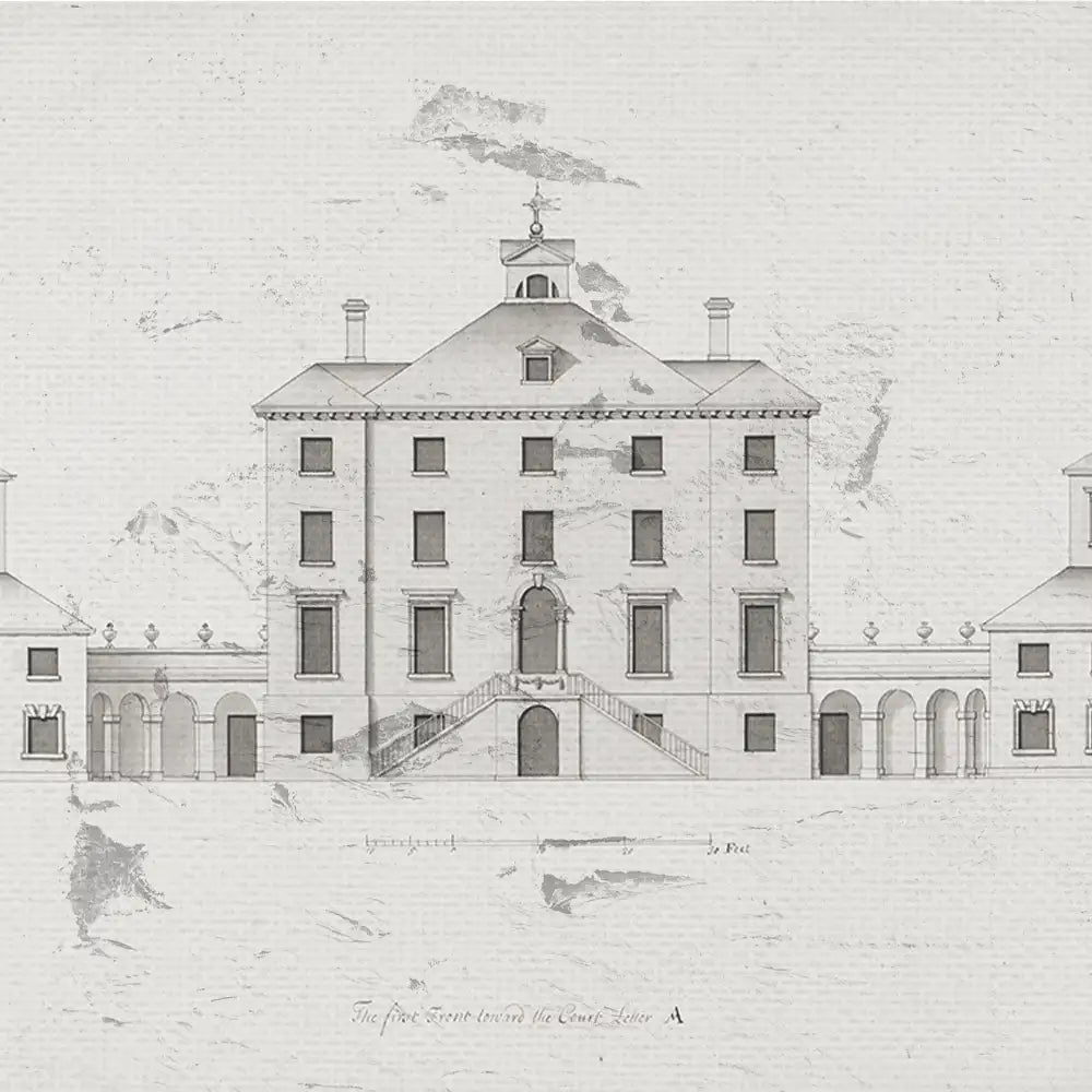 Architectural illustration of a grand building with a central staircase and symmetrical design, featuring classical elements and a textured background.