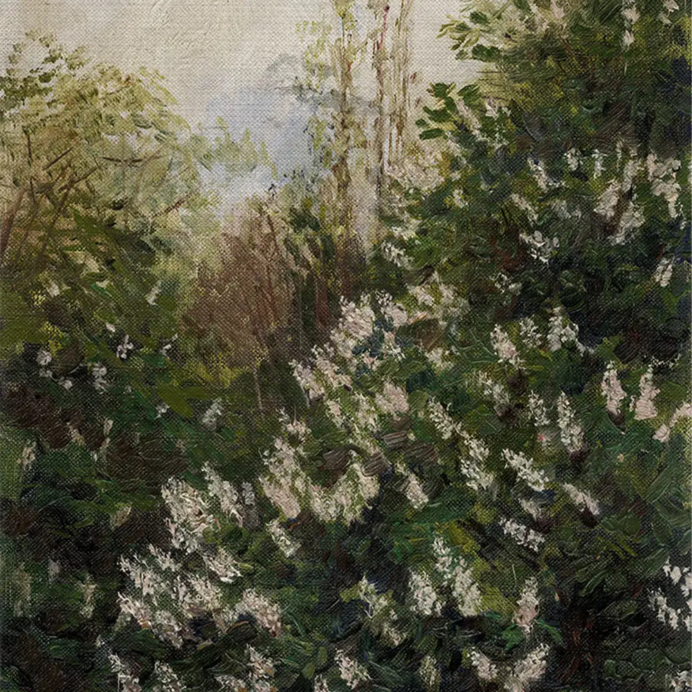 A serene landscape painting featuring lush greenery and white flowers, evoking a tranquil natural setting.