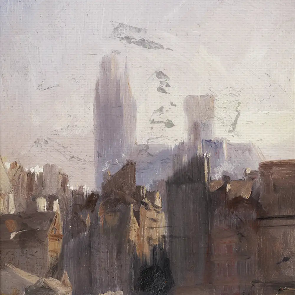Abstract cityscape painting with soft earth tones and blurred buildings against a light background.