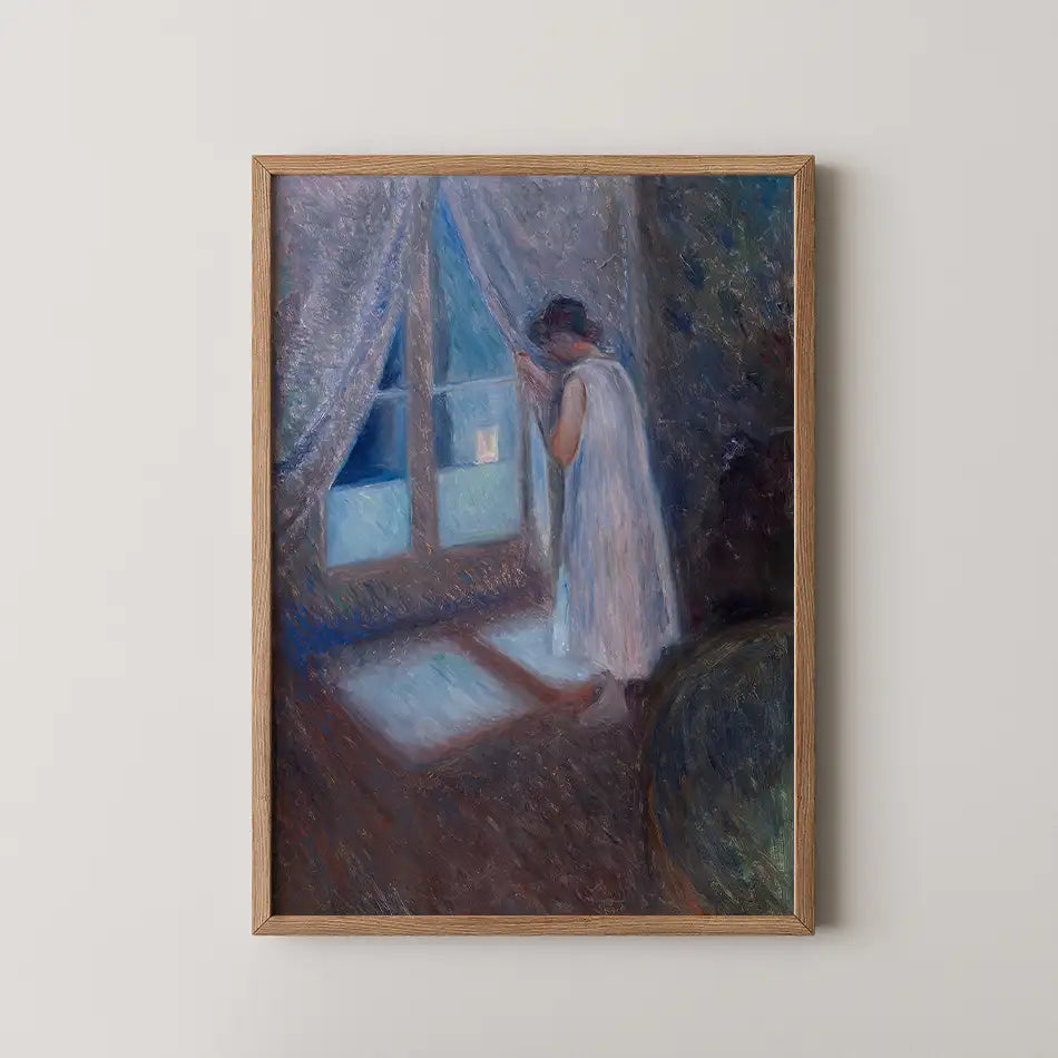 A woman in a white dress gazes out of a window with sheer curtains, creating a contemplative atmosphere in this framed painting.