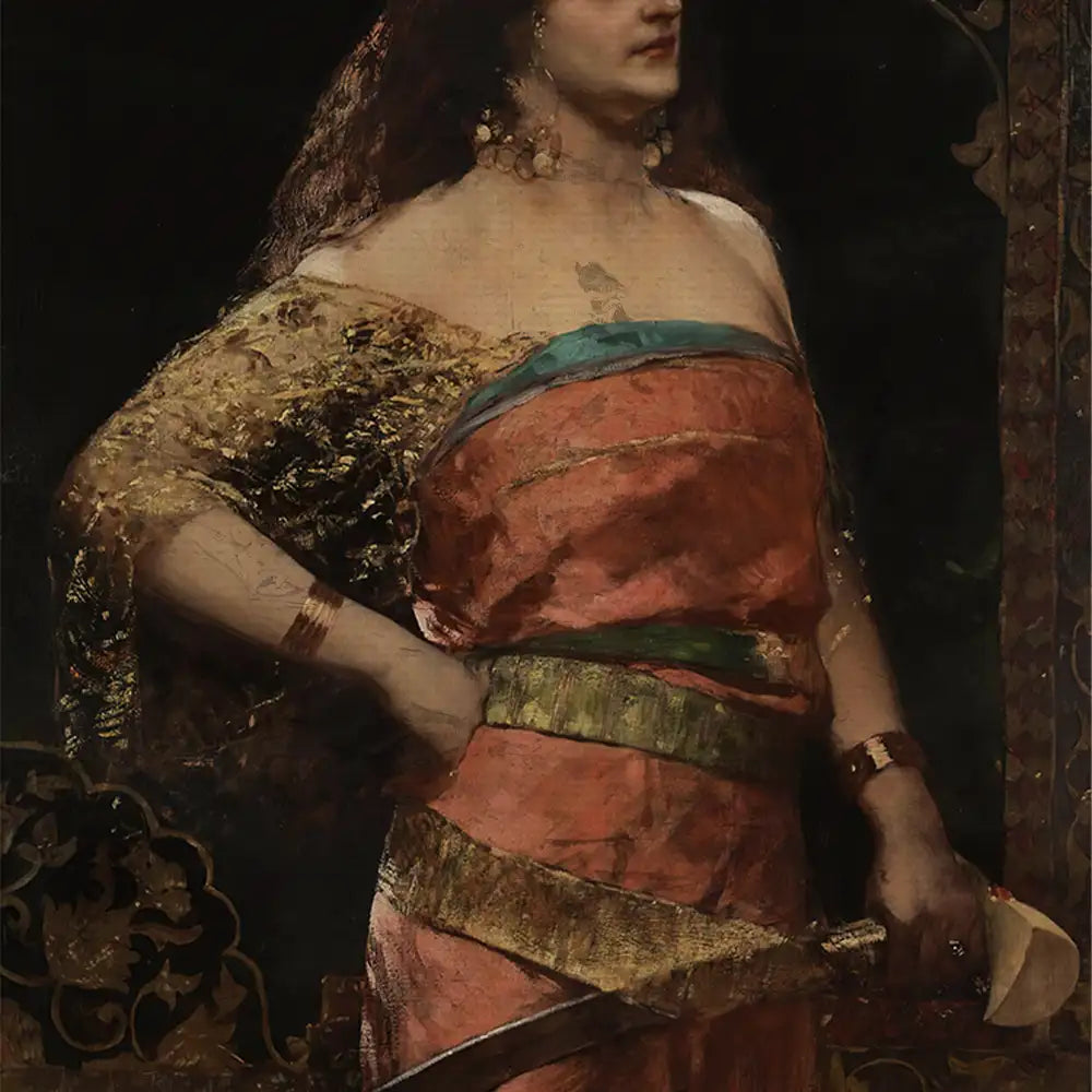Painting of a woman in vibrant clothing holding a curved sword, adorned with jewelry and featuring long, flowing hair against a dark background.