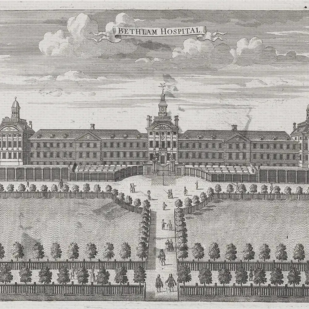 Black and white illustration of Bethlam Hospital, featuring a central building surrounded by manicured gardens, pathways, and figures walking in the foreground.