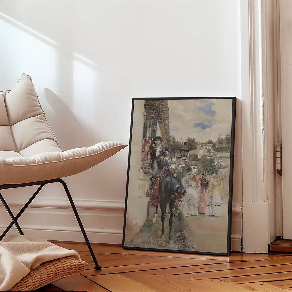 Framed painting of a horse and rider with a historical scene, placed next to a modern chair in a well-lit room.