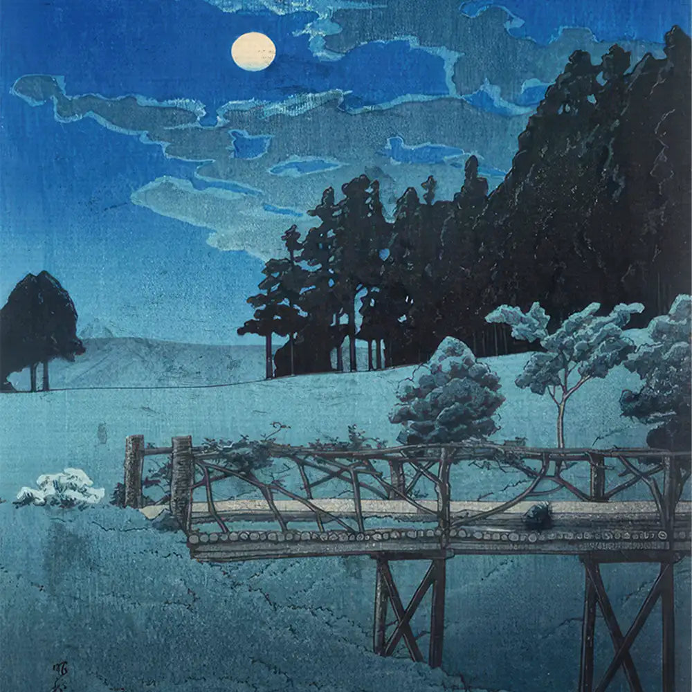 A serene night landscape painting featuring a full moon over a snowy field with silhouetted trees and a wooden bridge in the foreground.