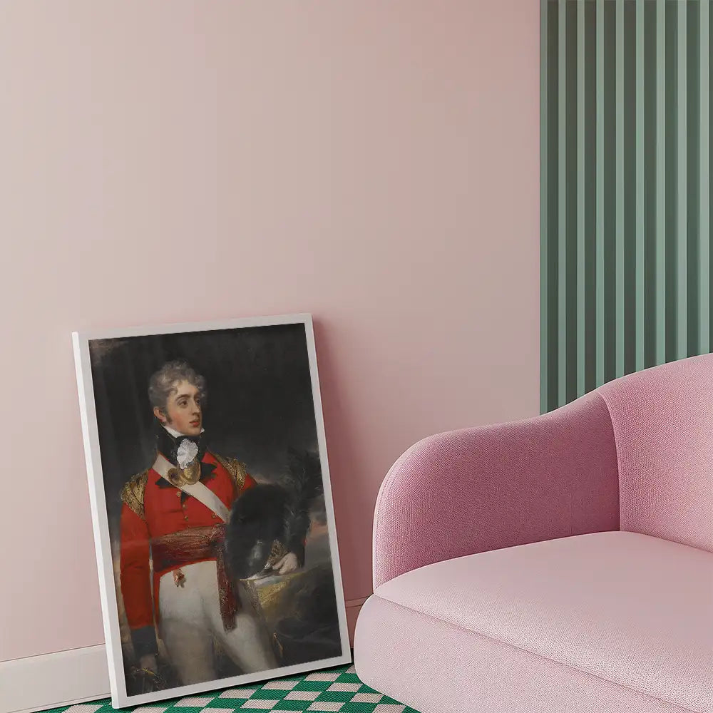 Portrait of a historical figure in a red military uniform leaning against a white-framed painting, with a pink sofa and green patterned rug in a modern interior setting.