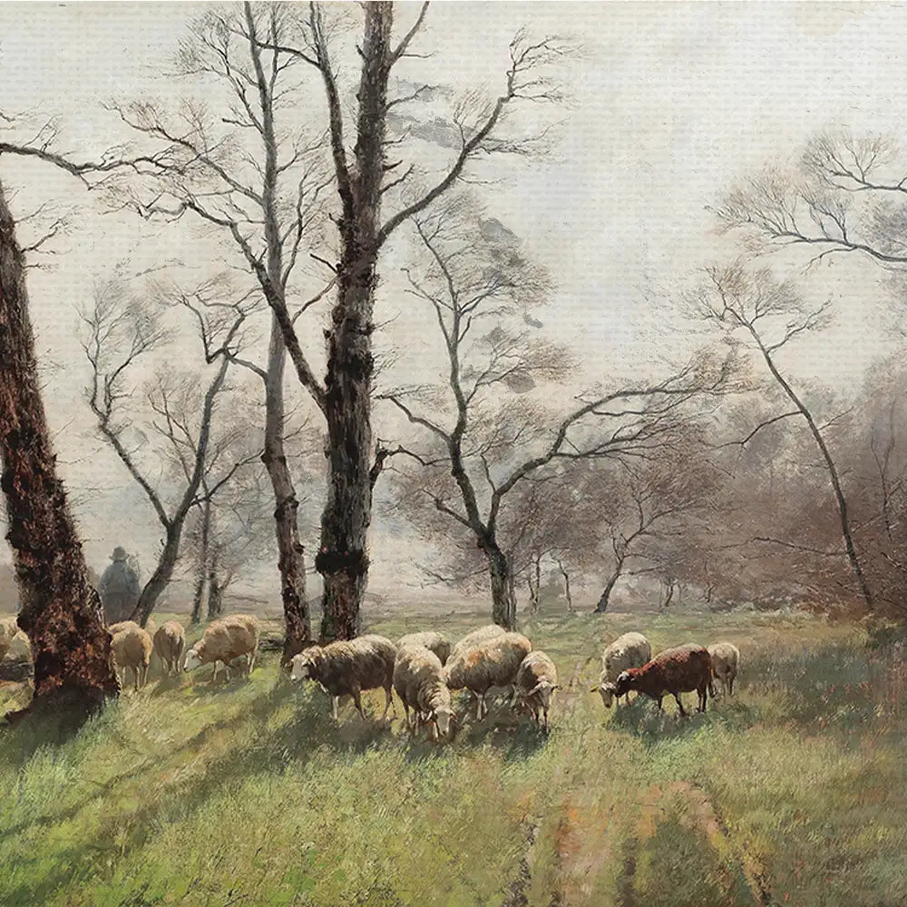 A serene landscape painting featuring sheep grazing on lush green grass, surrounded by tall, bare trees and a misty backdrop.