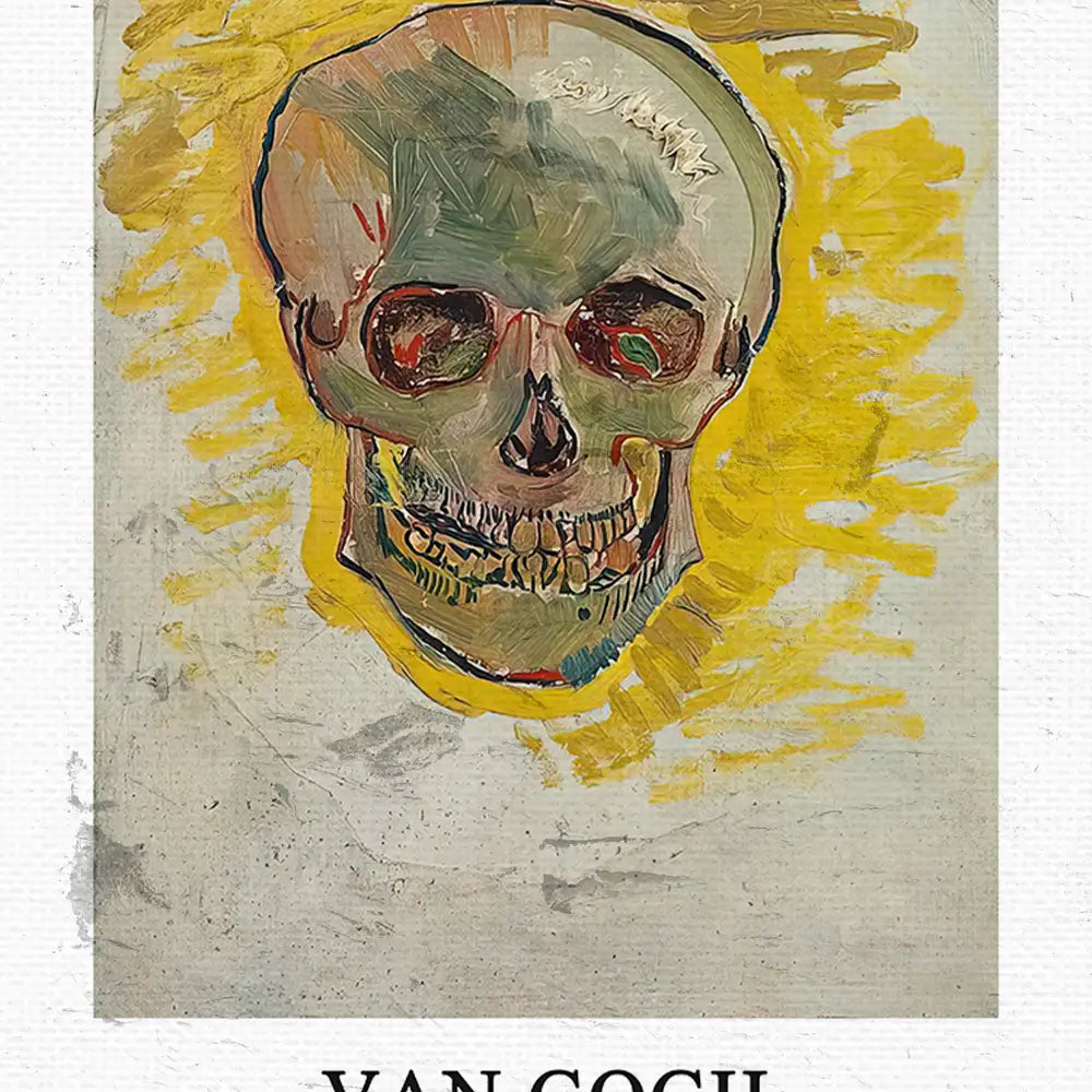 Skull painting by Van Gogh with vibrant yellow background and expressive brush strokes.