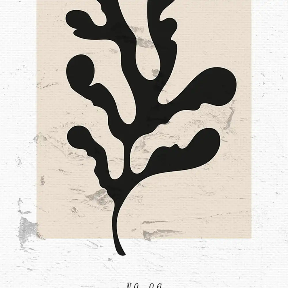 Modern art poster featuring a minimalist black abstract leaf design on a beige textured background.