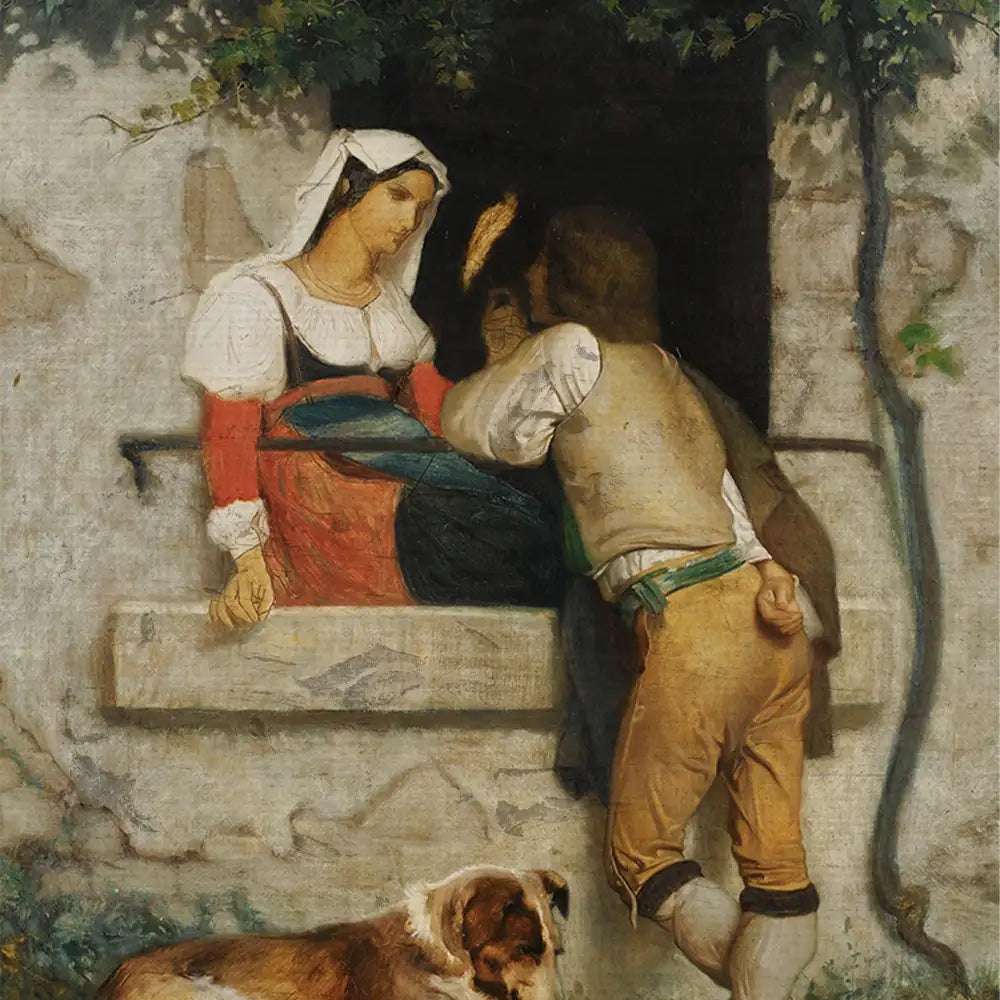 A romantic scene depicting a woman in traditional attire leaning out of a window, engaging with a man in rustic clothing, while a dog rests nearby.