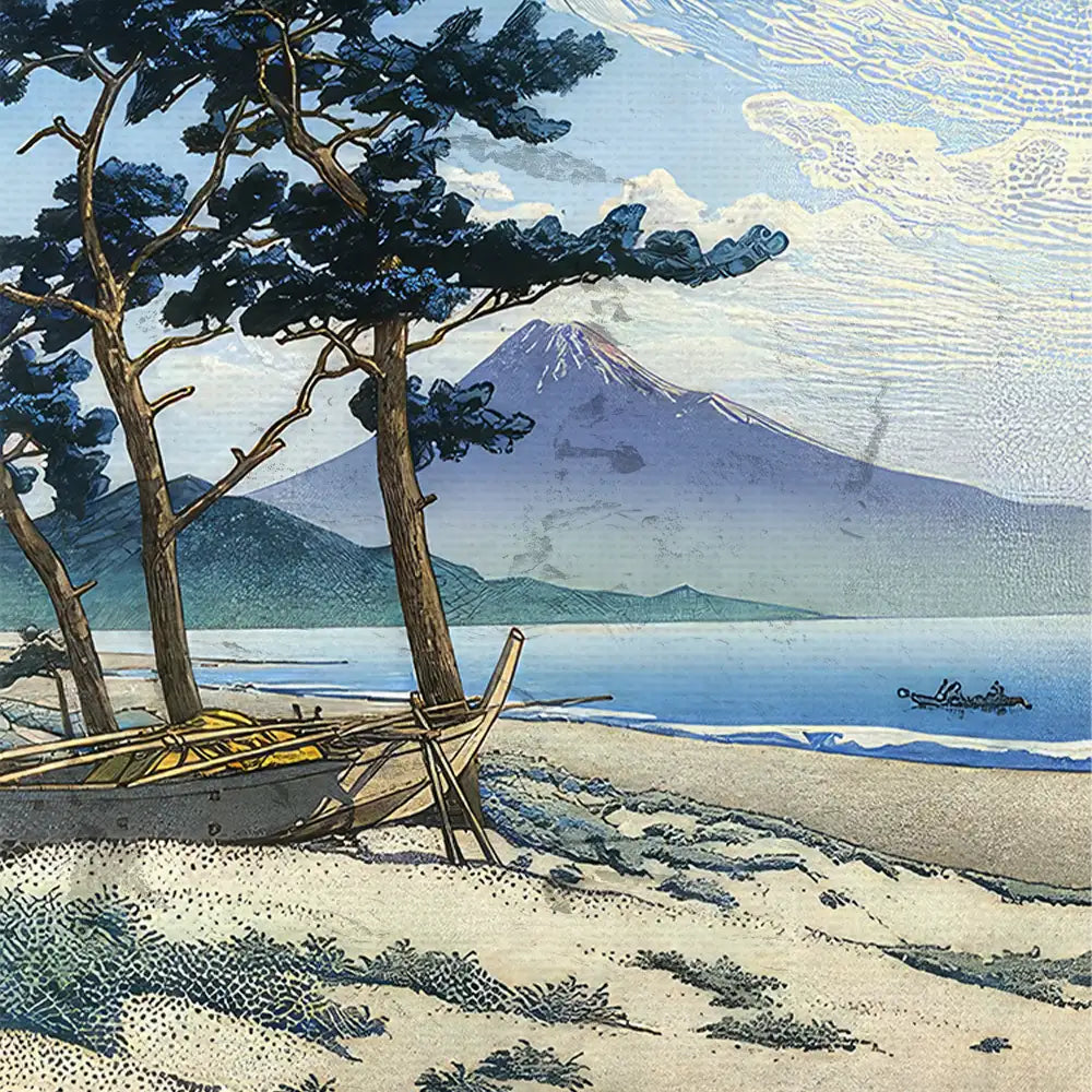A serene landscape painting featuring beach scenery, a wooden boat on the shore, pine trees, and a majestic mountain in the background under a blue sky.