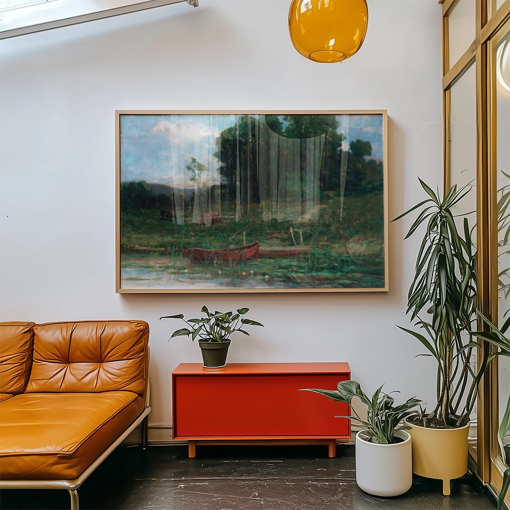 A vibrant landscape painting featuring a serene water scene with a red boat, framed and displayed in a modern living room with a cozy orange sofa and indoor plants.