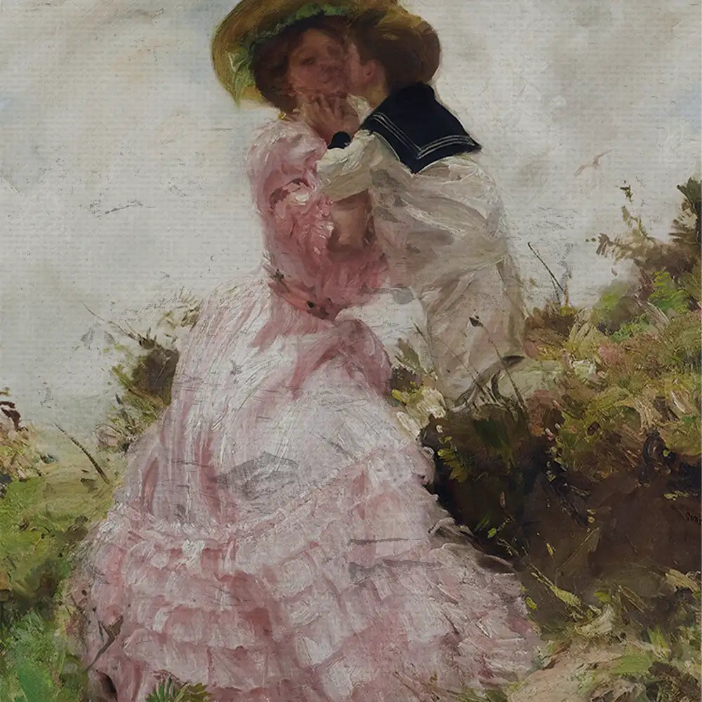 A romantic painting of a woman in a pink dress and a child in a sailor outfit sharing a tender moment in a grassy field.