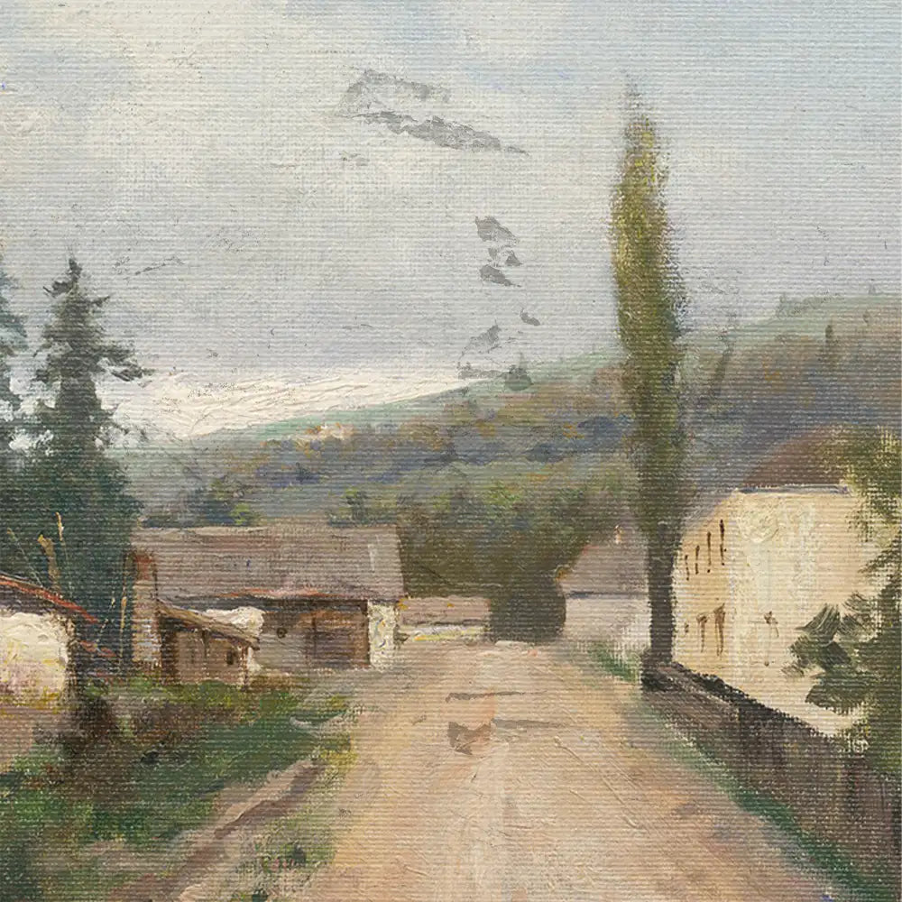 Landscape painting of a rural scene with trees, a dirt road, and rustic buildings under a cloudy sky.
