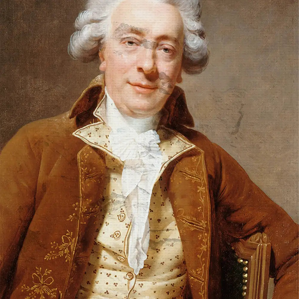 Portrait of a gentleman in an ornate brown coat with white cravat, smiling confidently against a muted background.