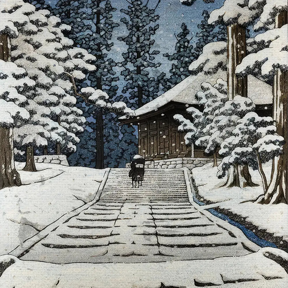 Snowy landscape painting featuring a person walking up stone steps toward a traditional building surrounded by snow-covered trees.