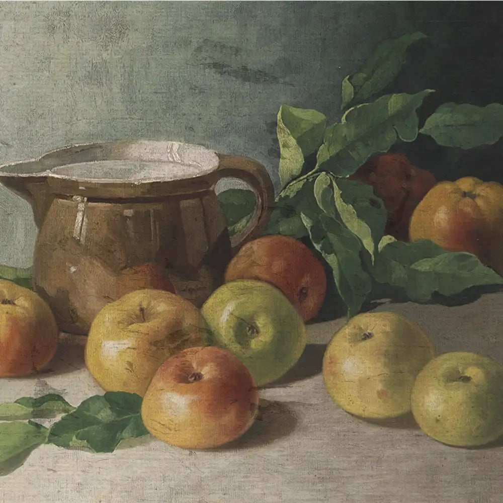 Still life painting featuring a brown jug and assorted apples on a table with green leaves.