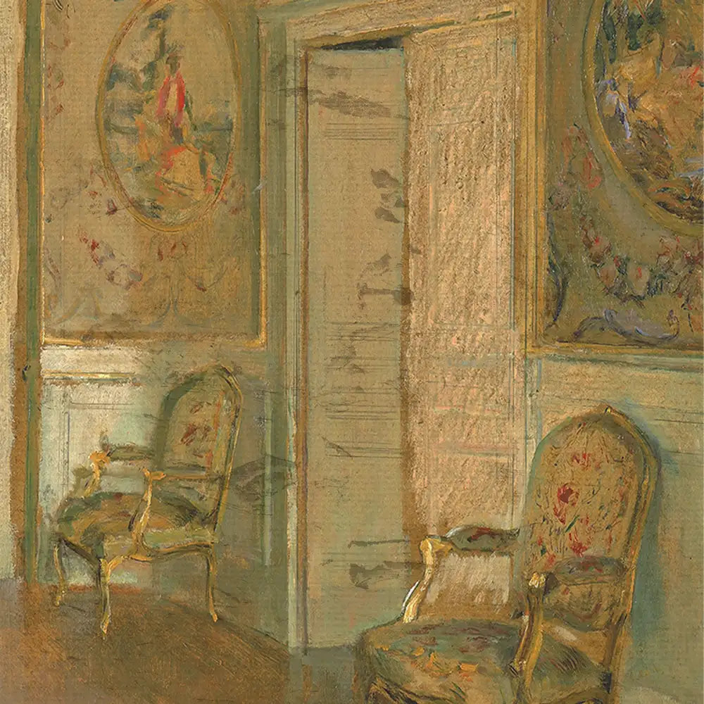 Interior scene with two ornate chairs and decorative wall art in a soft color palette.