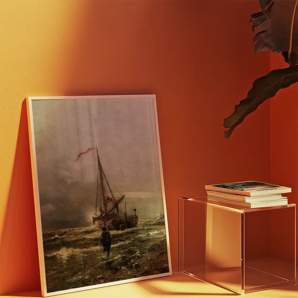 Painting of a sailing boat at sea with a figure walking on the shore, framed and leaning against a wall in a modern interior setting.