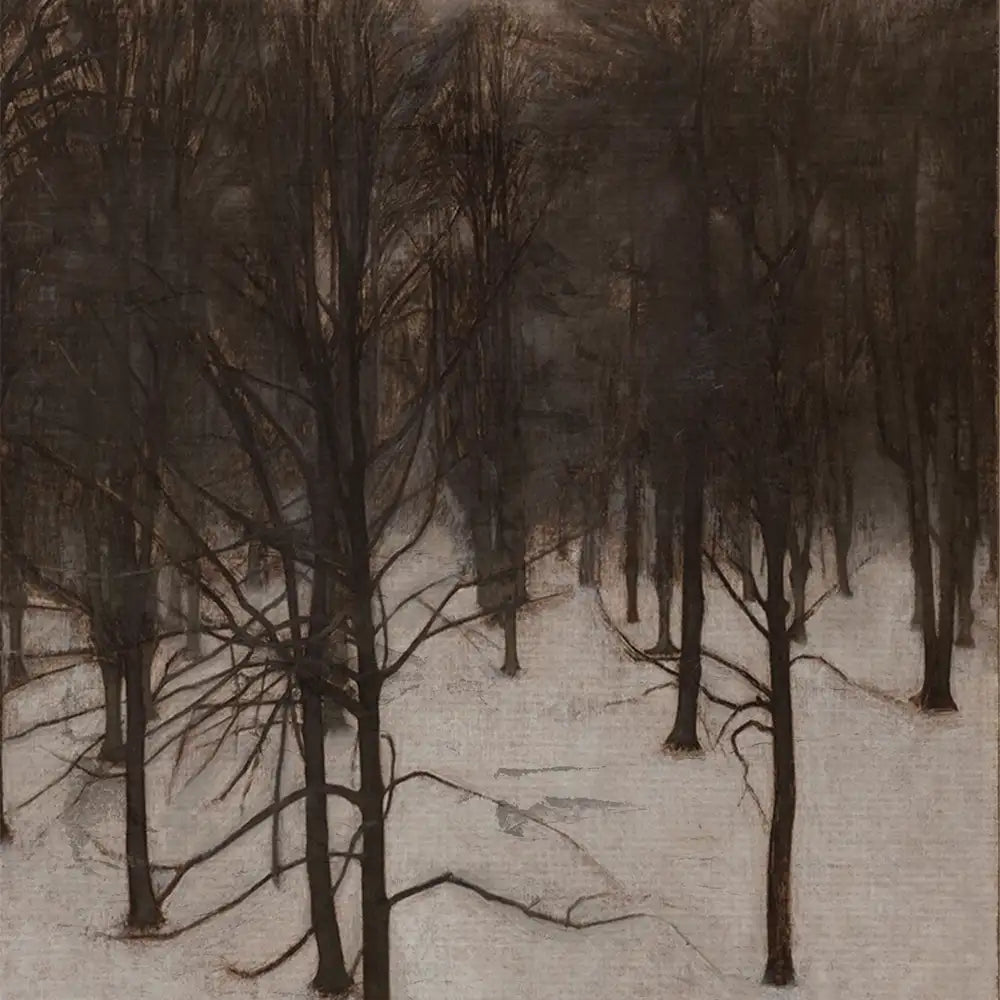 Painting of a dark, wintry forest with tall, bare trees and a lightly snow-covered ground.