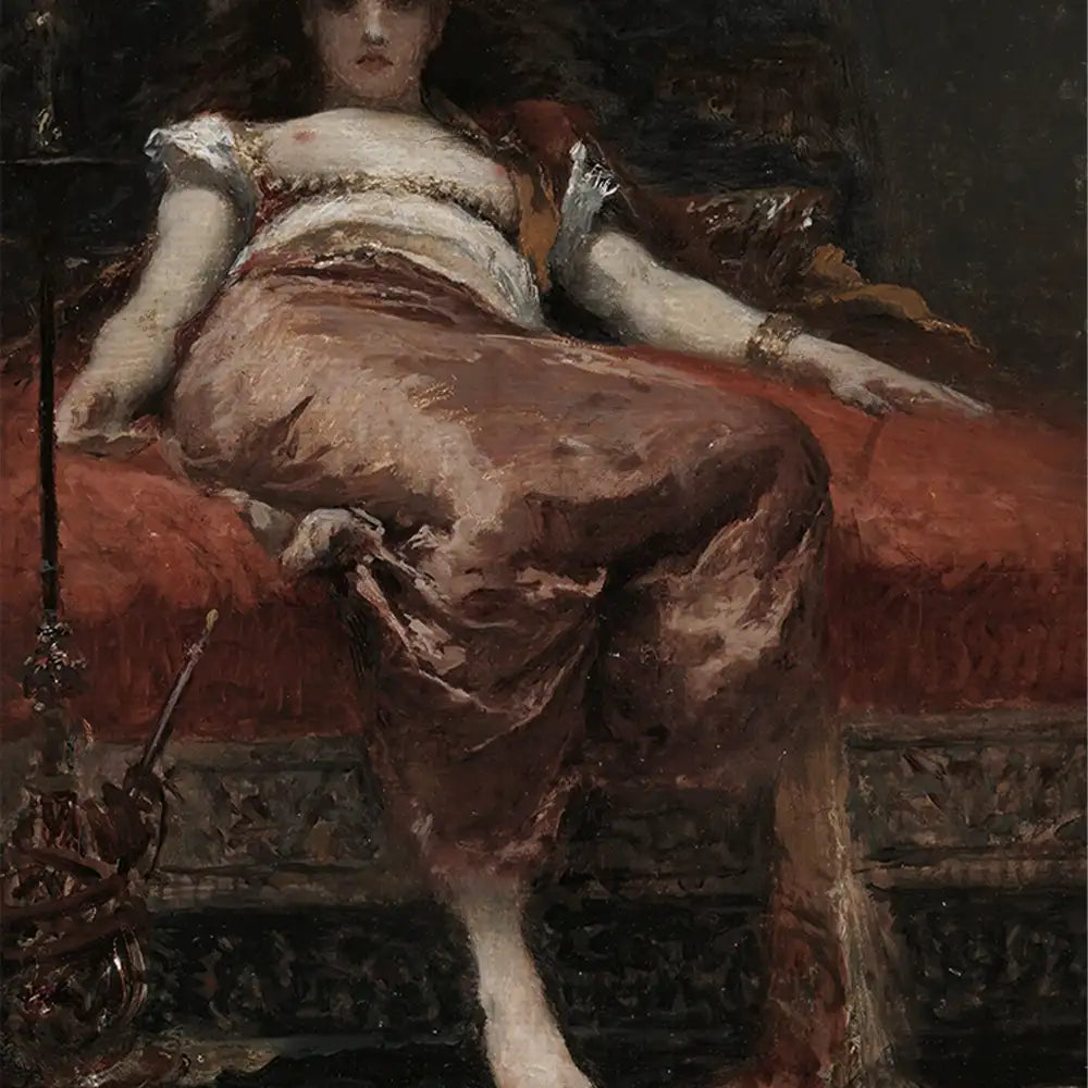 A reclining woman in traditional attire, adorned with jewelry, resting on an ornate couch with rich fabrics and shadows.