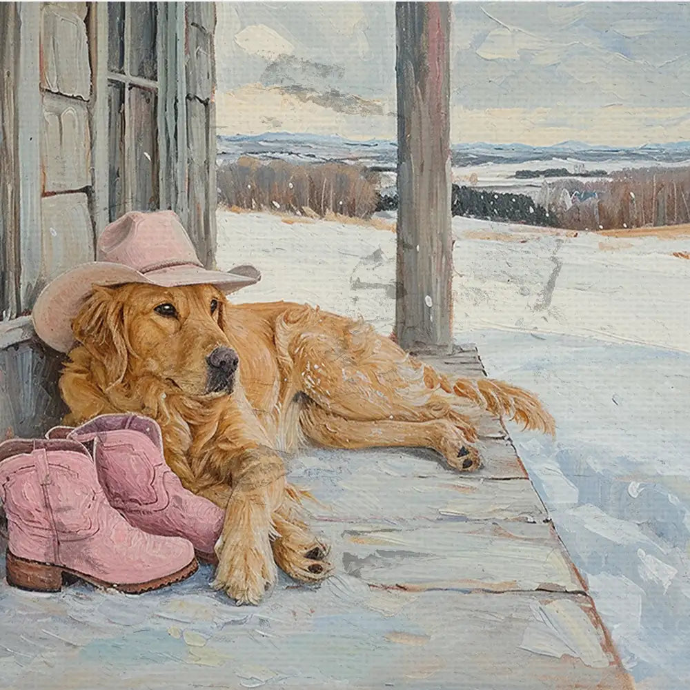 Golden retriever lounging on a porch in snow with pink cowboy boots and a pink hat, capturing a cozy winter scene.