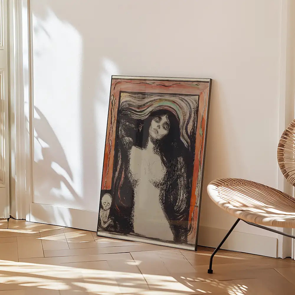 Framed painting of a woman with flowing hair, leaning against a wall, with a small figure in the corner, displayed in a bright interior setting with natural light and wooden flooring.