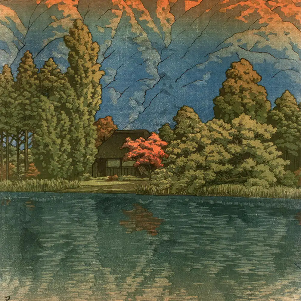 A serene landscape painting featuring a tranquil lake, surrounded by vibrant trees and a cozy house under a dramatic sky.