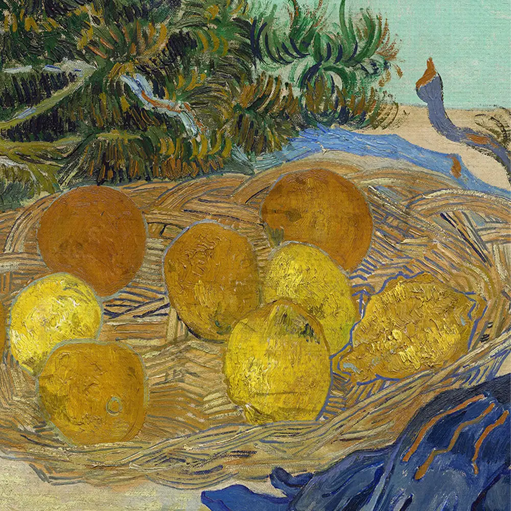Still life painting of lemons in a basket with green foliage and a blue cloth in the background.