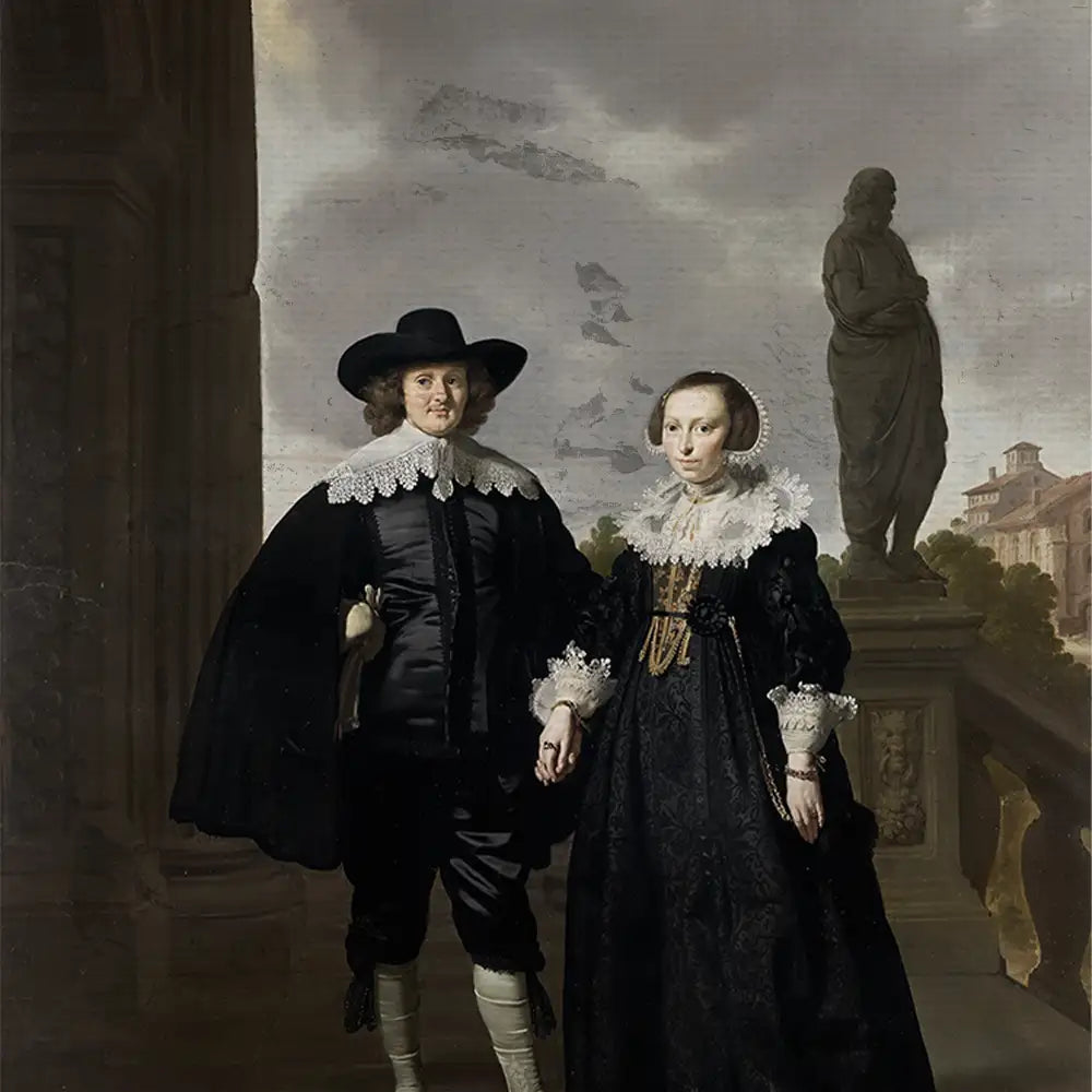 Portrait of a man and woman in 17th-century attire, featuring dark clothing and ornate lace collars, set against a classical architectural backdrop.