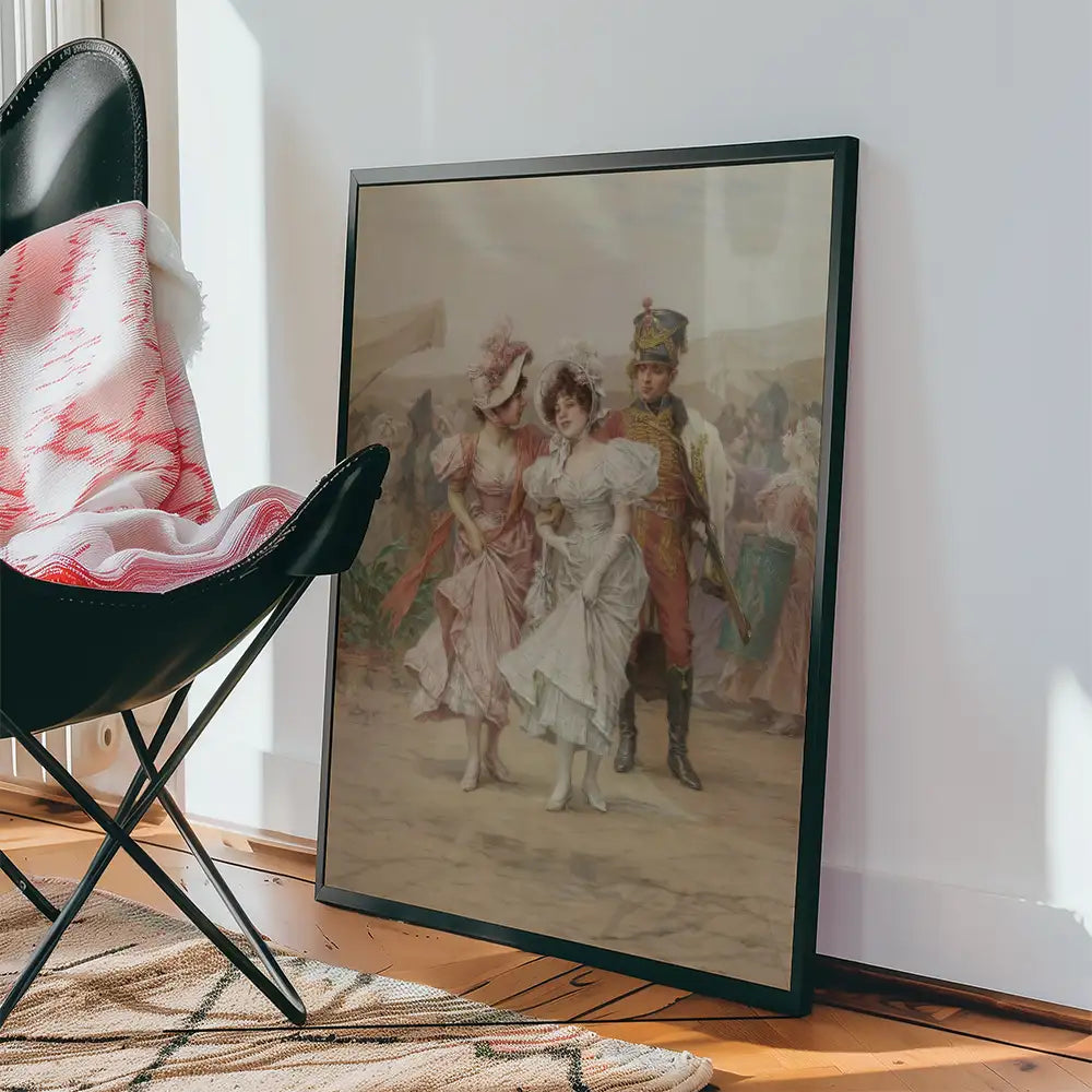 Framed vintage painting of two women in elegant dresses and a man in military attire, leaning against a wall in a cozy interior setting.