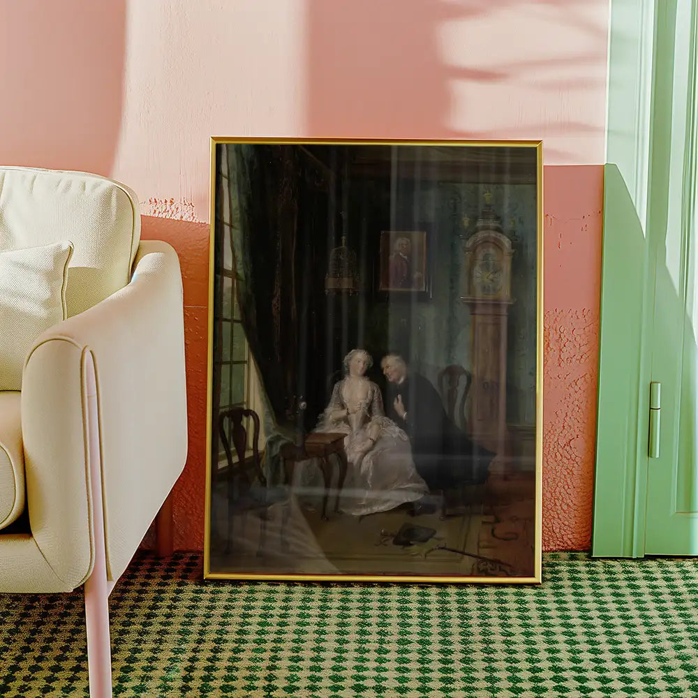 Framed painting of a couple in an ornate room, featuring a vintage clock and decorative furnishings, placed beside a light-colored armchair on a patterned rug.