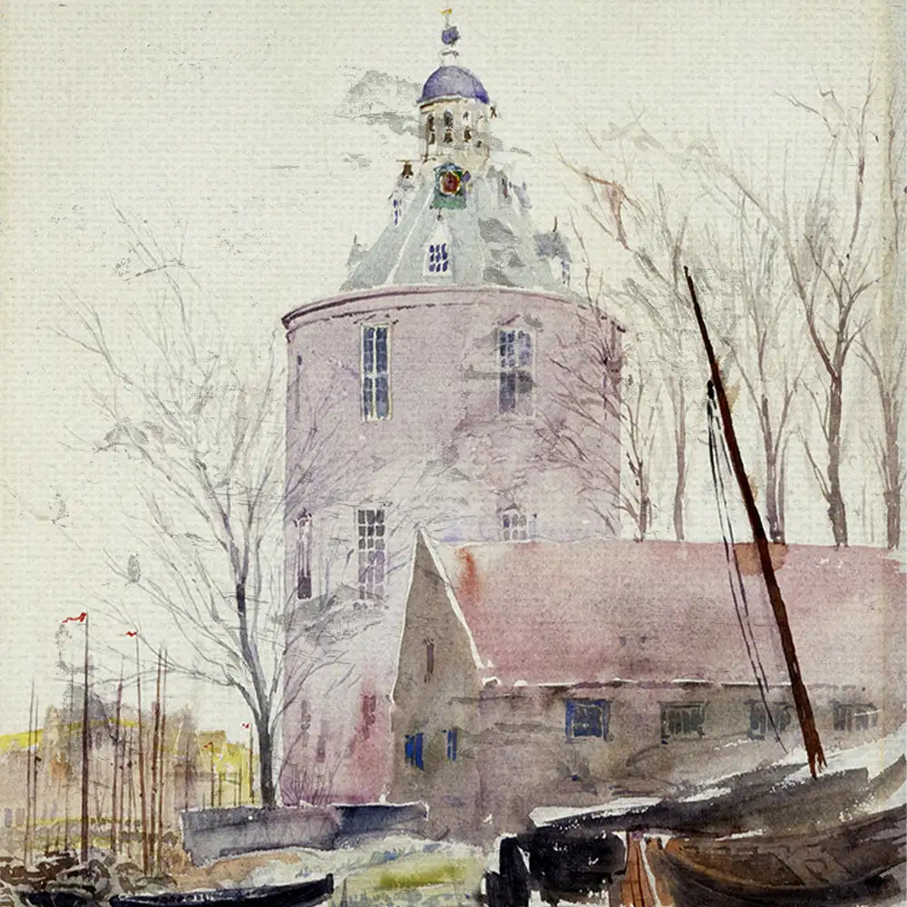 Watercolor painting of a historic round building with a blue dome, surrounded by leafless trees and boats, featuring a calm, muted color palette.