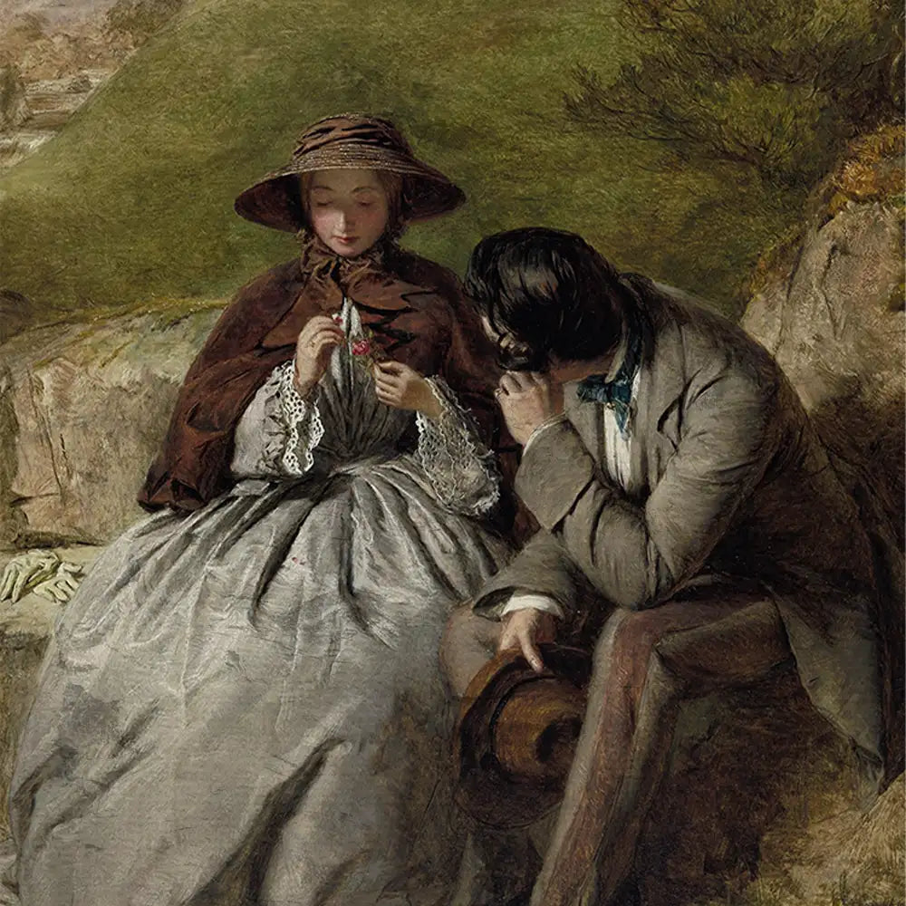 A romantic depiction of a couple seated together outdoors, with the woman in a brown cape and hat, holding flowers, while the man, dressed in a suit, leans in to listen.