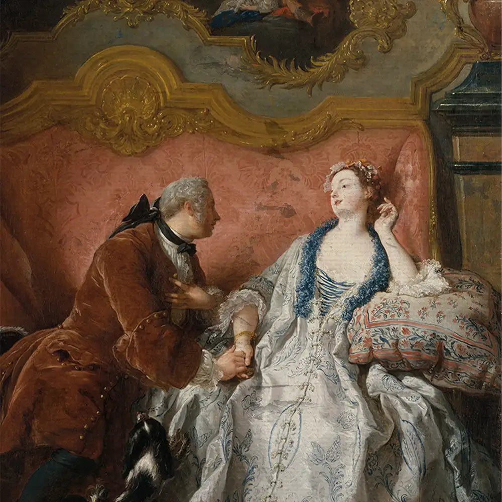 Painting of a man and woman in 18th-century attire, seated on a plush pink sofa, with intricate details on their clothing and a decorative background.