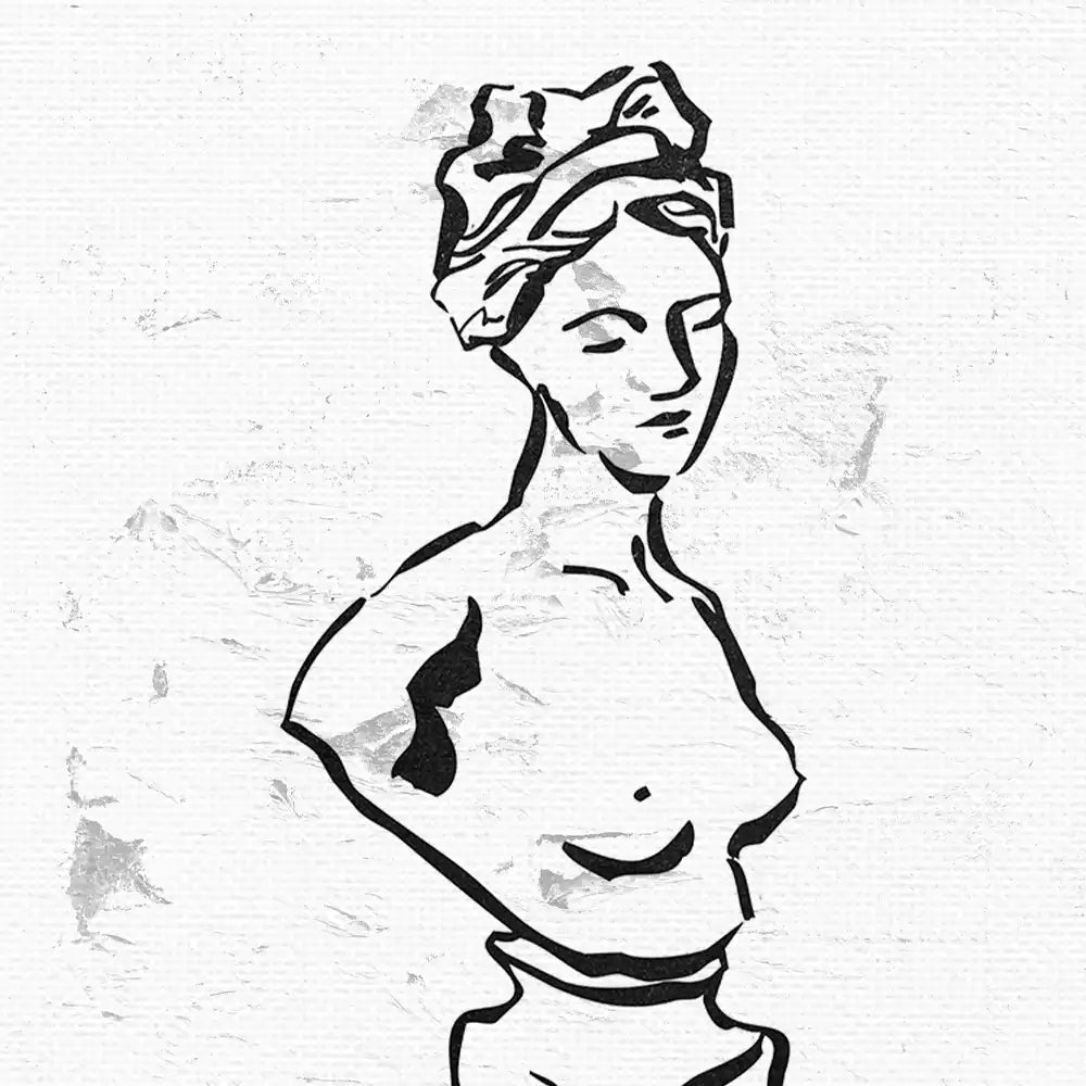 Modern reprint of a famous painting featuring a stylized bust of a woman with a headscarf on a textured white background.