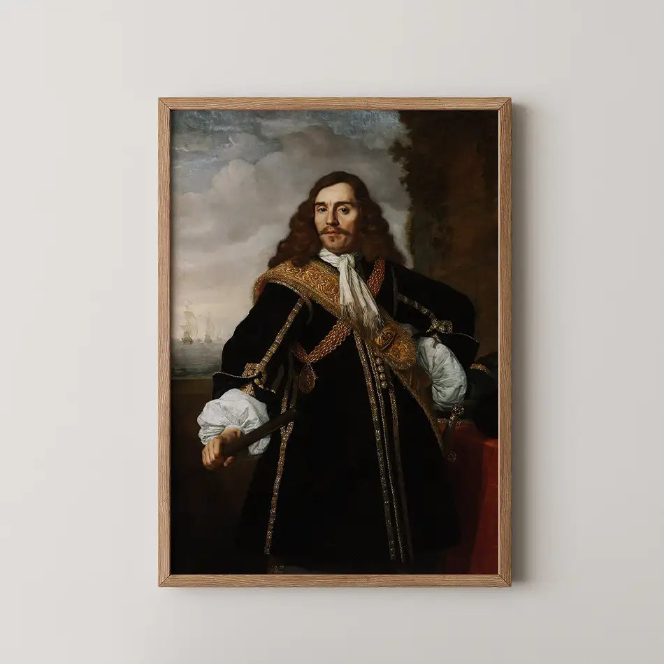 Portrait of a man in an ornate black costume with golden embellishments, holding a sword, set against a cloudy sky and water background, framed in wood.