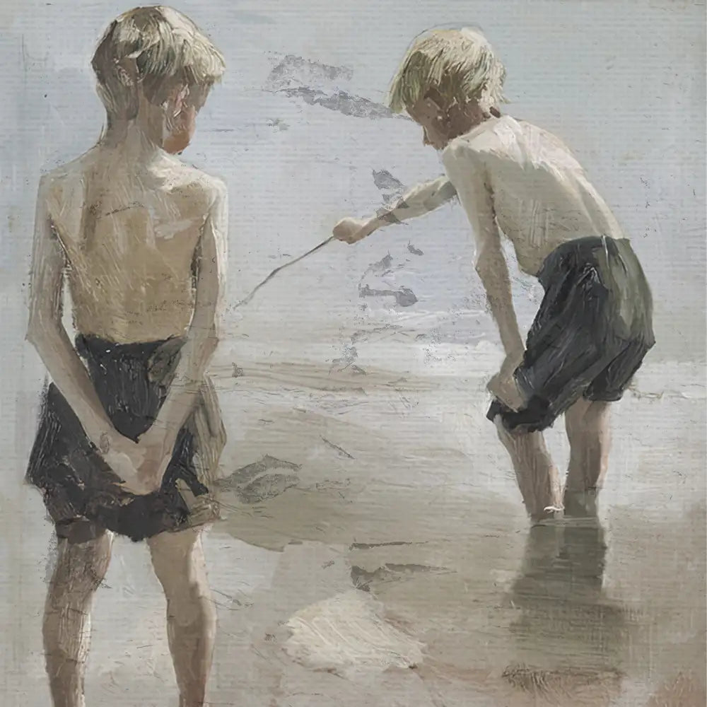 Two young boys playing at the beach, one standing still with their hands behind their back and the other kneeling and drawing in the sand with a stick, captured in a soft, textured painting style.