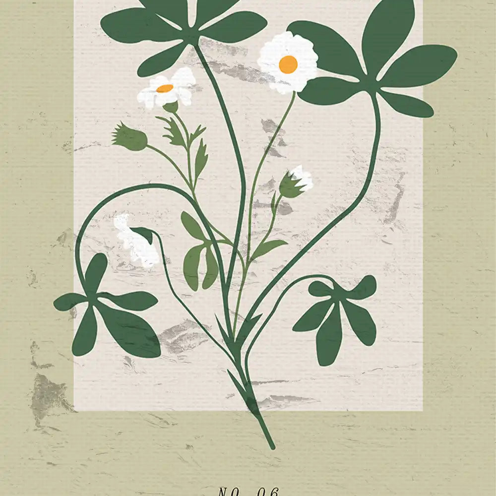 Modern botanical poster featuring delicate white flowers and green leaves on a textured background, ideal for home decor and art enthusiasts.